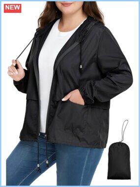 Plus Size Rain Jacket Lightweight Packable Hooded Windbreaker